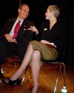 In between blistering attacks on his record, the Guilty Party's Blatteau shared a laugh with Mayor Destefano at last night's debate at Wexler School.
